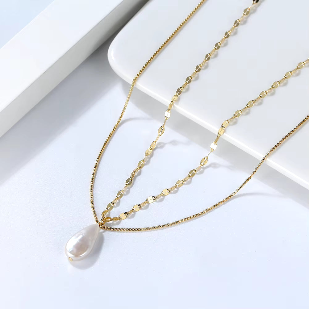 GPN15 Wholesale 925 Sterling Silver Box Chain with Drop Shaped Real Freshwater Pearl Pendants Double Layer Necklace