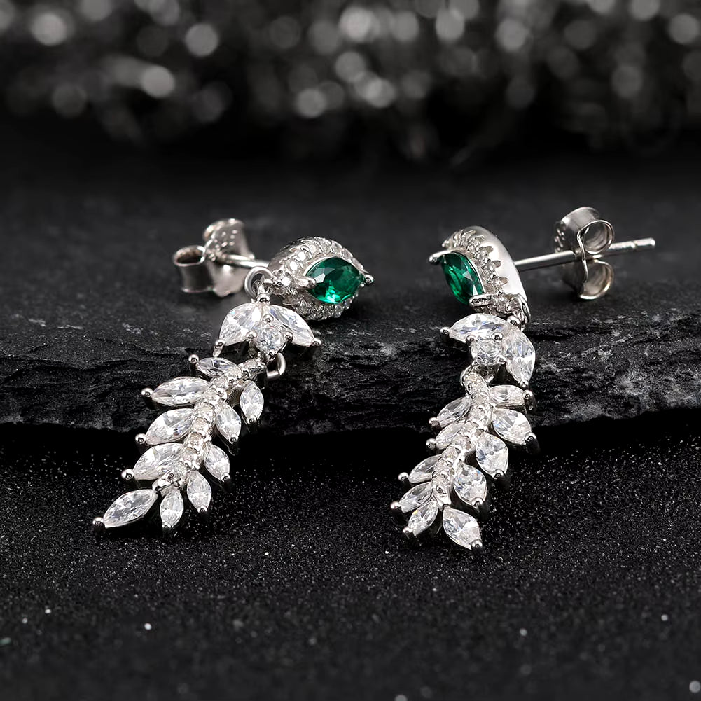 LZE27 Wholesale Long Green Zircon Earrings 5A Zircon Drop Stud Earings Jewelry Women 925 Sterling Silver Earrings