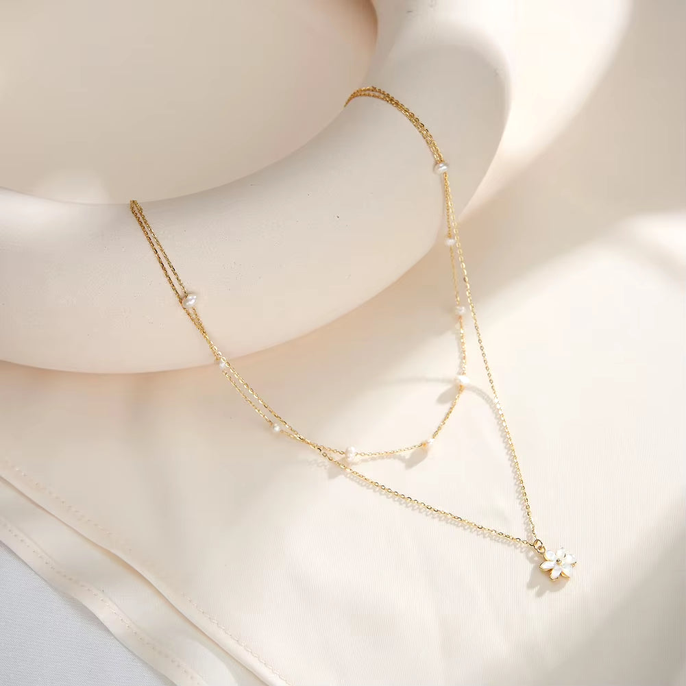 GPN73 Wholesale Custom Fashion Jewelry Chain Double Layered Pearl Necklace Flower Pendant Necklace