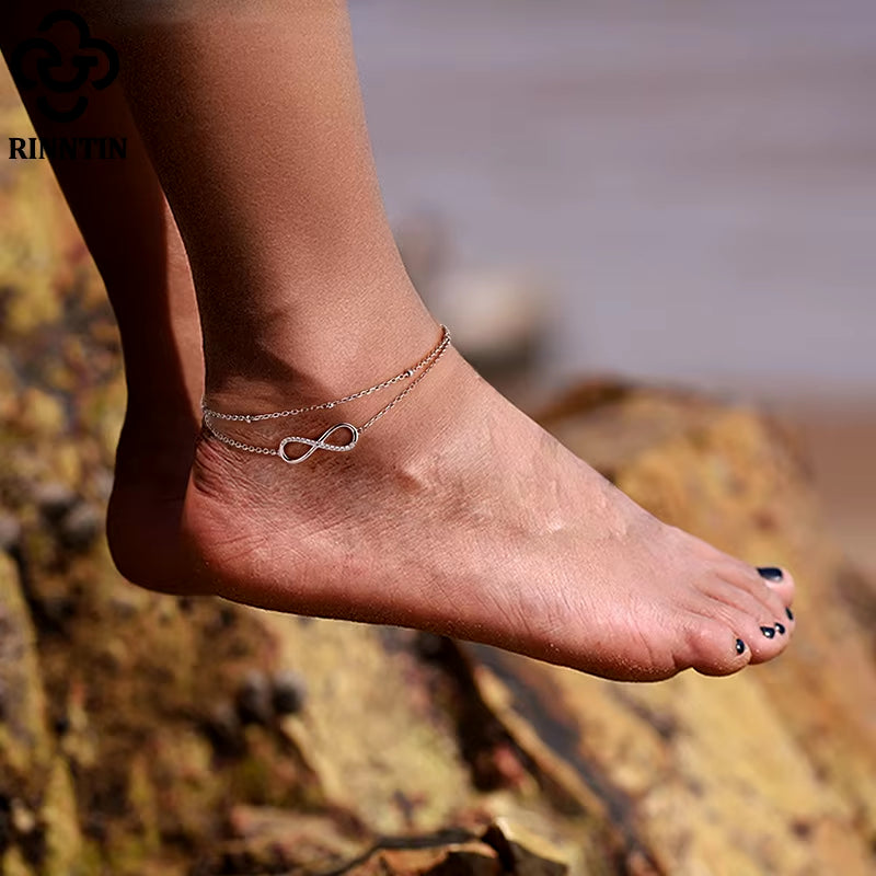 Factory Direct Sales Wholesale Jewelry S925 Sterling Silver Anklet Double-Layer 8-Word Fashion Summer Beach Adjustable Anklet