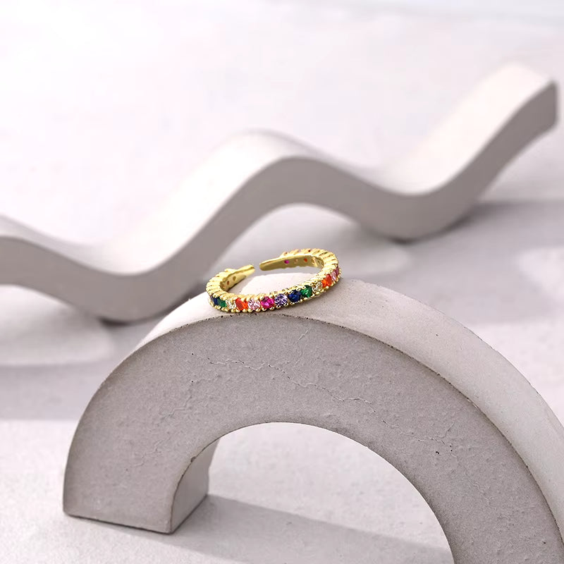 New Design Color Stone Jewelry Rings 18K Gold Tiny round Rainbow Zircon Rings for Women