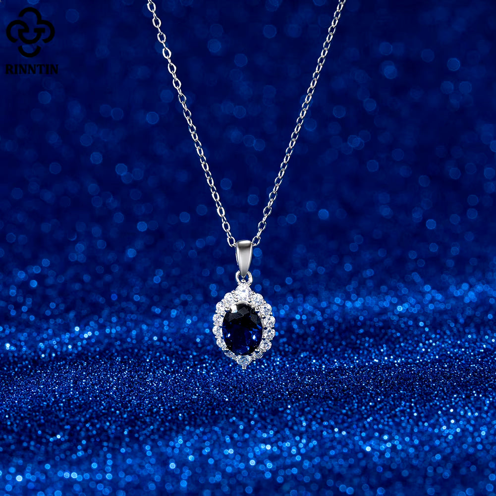 SLZN06 Vintage Jewelry Created Sapphire Cubic Zirconia Cz Blue Gemstone Diamond Necklace Pendant S925 Silver Necklace