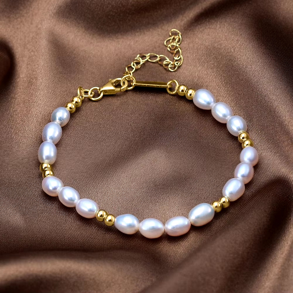 GPB36 Fashion Jewelry Minimalist 925 Sterling Silver Natural Pearls round Beads Small Golden Balls Gold Plated Bracelets