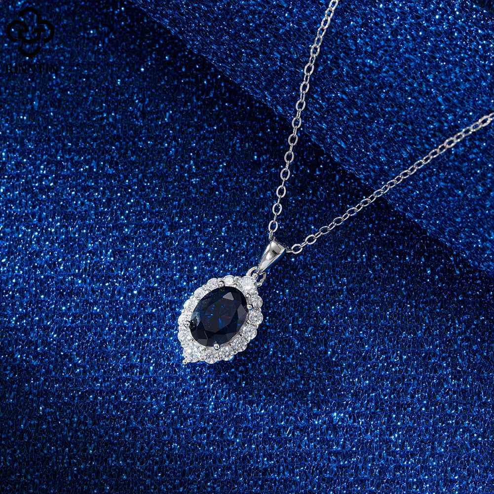 SLZN06 Vintage Jewelry Created Sapphire Cubic Zirconia Cz Blue Gemstone Diamond Necklace Pendant S925 Silver Necklace