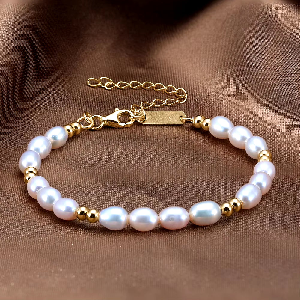 GPB36 Fashion Jewelry Minimalist 925 Sterling Silver Natural Pearls round Beads Small Golden Balls Gold Plated Bracelets