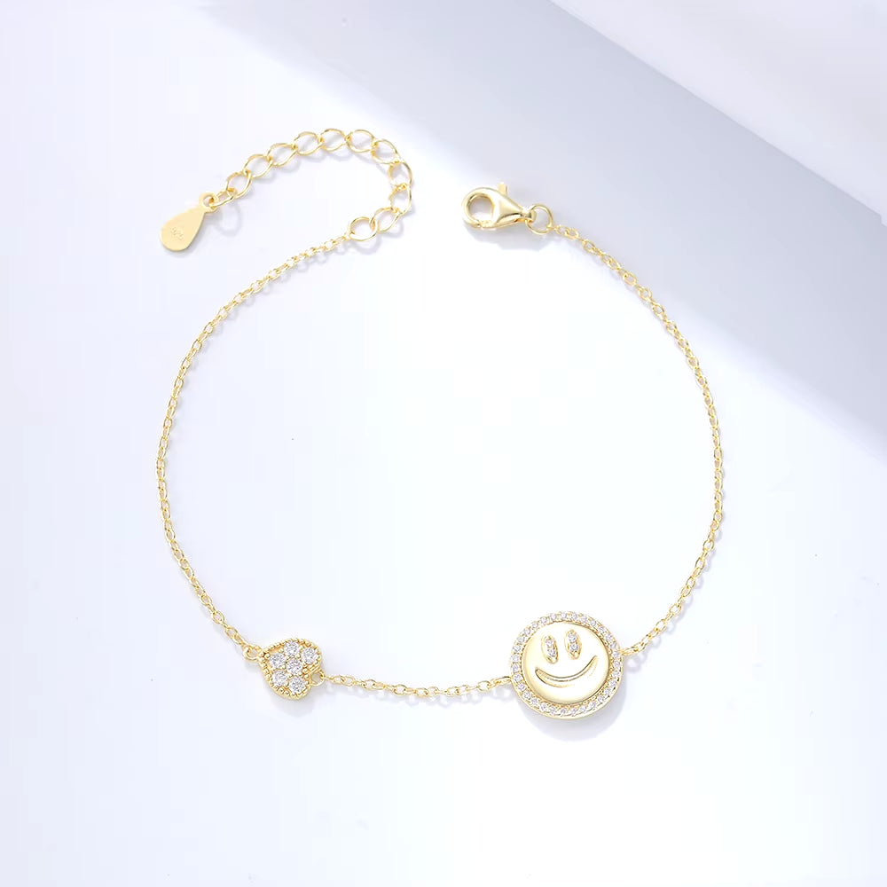 9 Fine Jewelry 925 Sterling Silver Gold Plated Zirconia Smile Face Bracelet INS Style Heart Shaped Chain Jewellery for Women