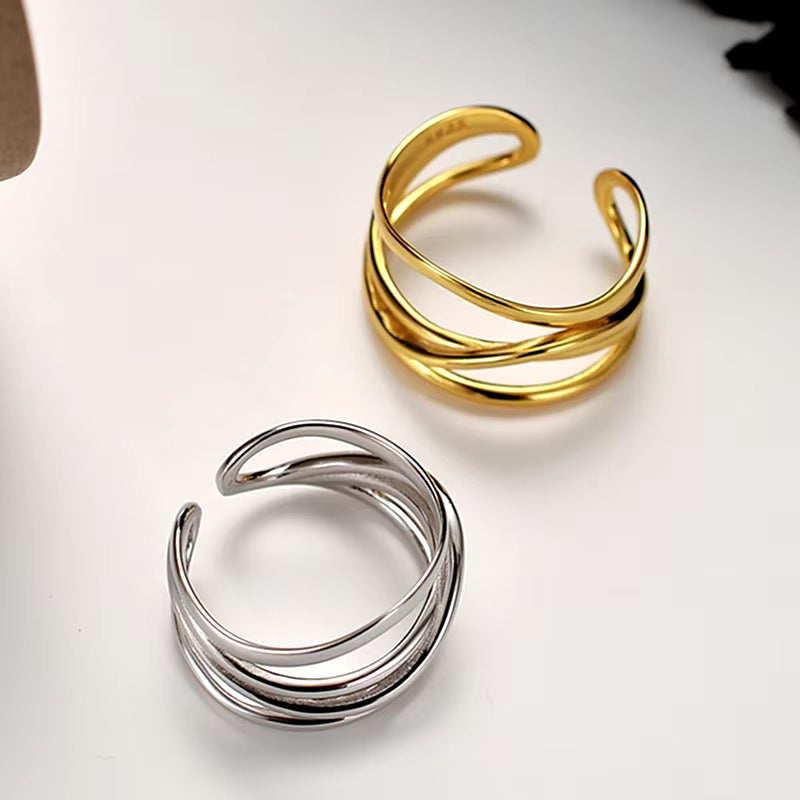 Ins Pvd 18K Gold Plated Fashion Chunky Wedding Multi Layered Stacking 925 Sterling Silver Girls Design Layering Rings