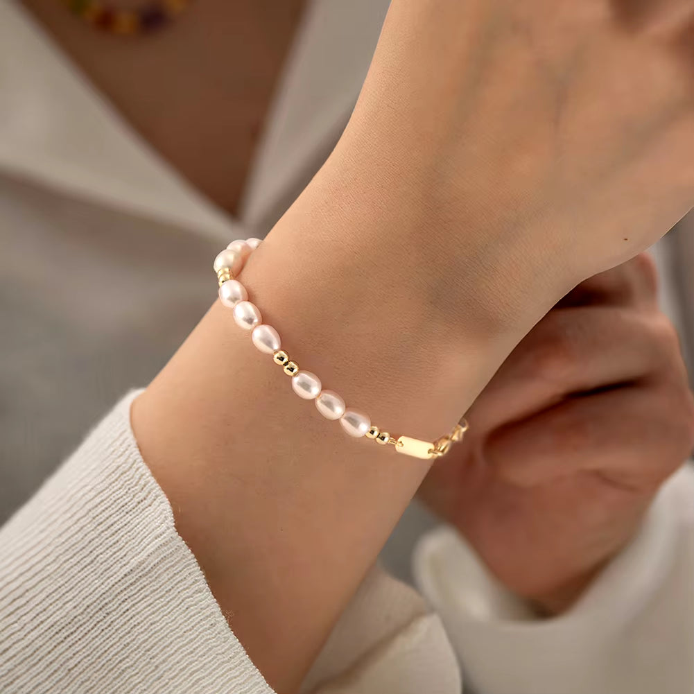 GPB36 Fashion Jewelry Minimalist 925 Sterling Silver Natural Pearls round Beads Small Golden Balls Gold Plated Bracelets