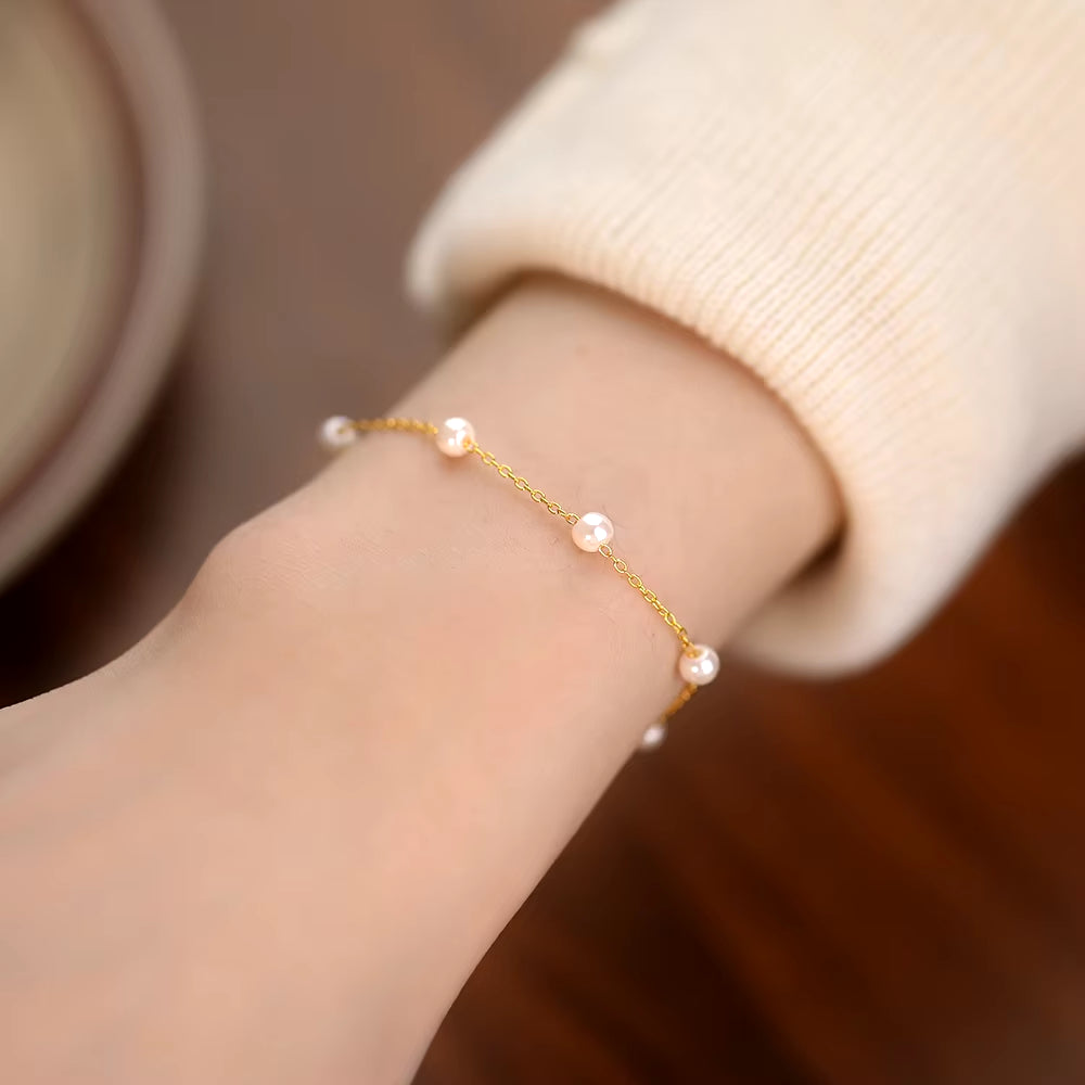 Exquisite 925 Sterling Silver Elegant Jewelry 18K Gold Plated Fashion Glass Pearl Beads Bracelets for Women