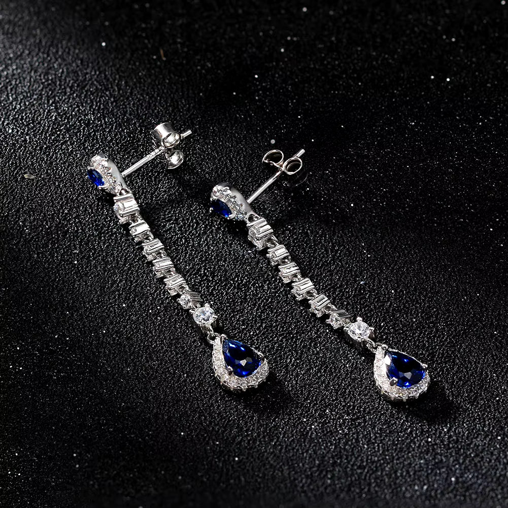 Quality 925 Sterling Silver Blue CZ Cubic Zircon Crystal Earrings Engagement Long Tear Dangle Drop Earrings for Brides