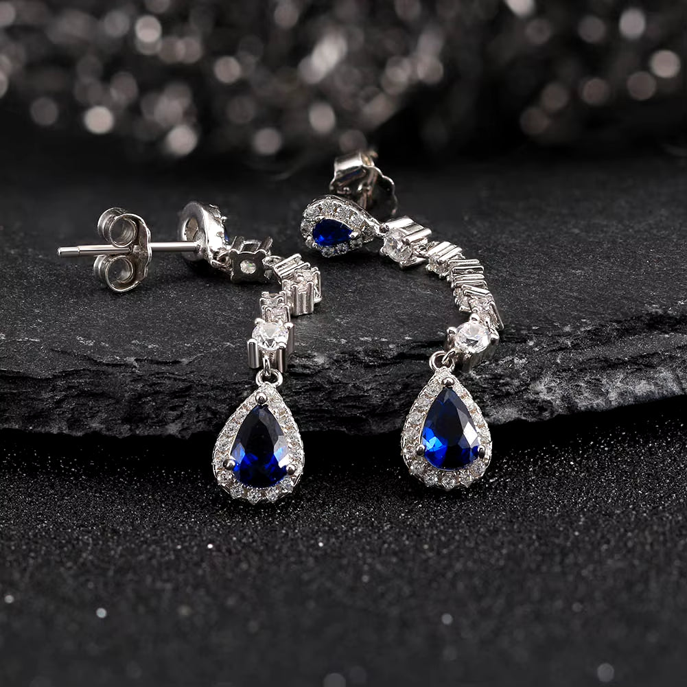 Quality 925 Sterling Silver Blue CZ Cubic Zircon Crystal Earrings Engagement Long Tear Dangle Drop Earrings for Brides