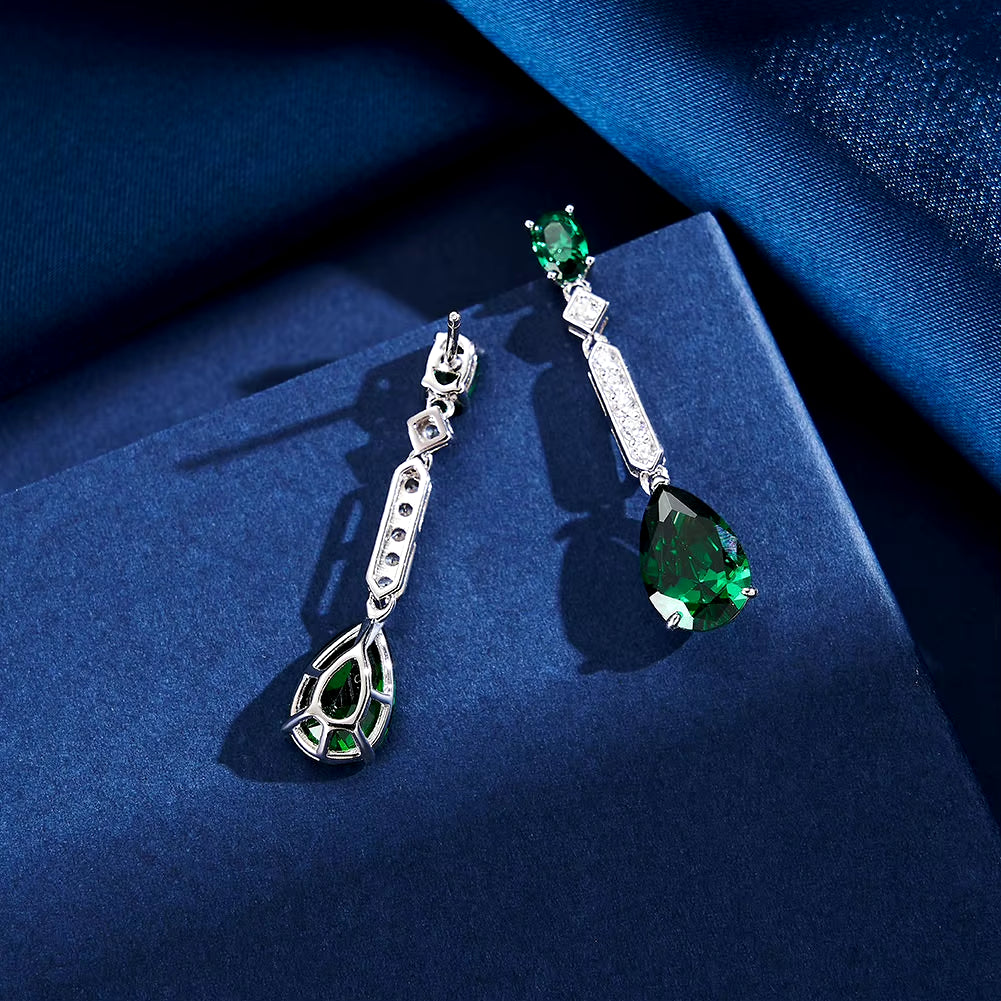 LZE31 Emerald Bride Jewelry 925 Sterling Silver Teardrop Emerald Diamond Dangle Earrings Green Gemstone Drop Earrings